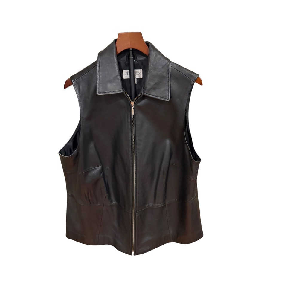 Vtg Casual Corner Annex Woman Black Leather Zip Up Vest Pointed Collar  X XL